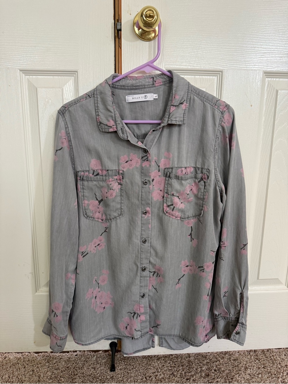 Billy T Gray Pink Cherry Blossom Lyocell Button Front Shirt Large